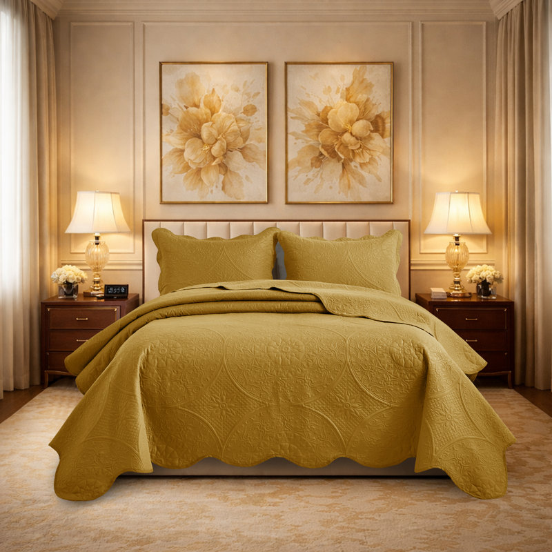 Floral Embossed Microfiber Quilt Set Pre-Washed  Soft Bedspread, Yellow, Twin Bedspread + 1 Standard Pillowcase