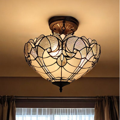 Yellow And Brown Two Light Tiffany Style Semi Flush Dimmable Ceiling Light