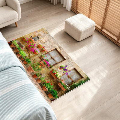 Clear Beautiful Street Flowers Italy Flower Tuscany House Mediterranean Machine Washable Indoor Area Rug