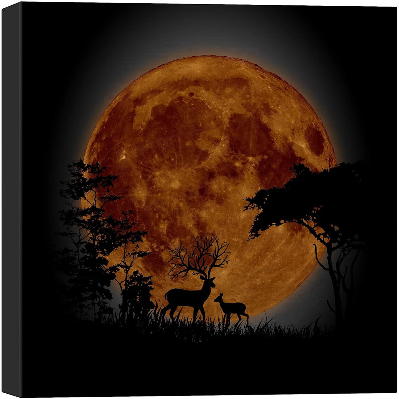 «Harvest Moon Night Sky Forest Tree Deer Silhouette» sur toile, H 16 po x l 16 po x P 1,5 po