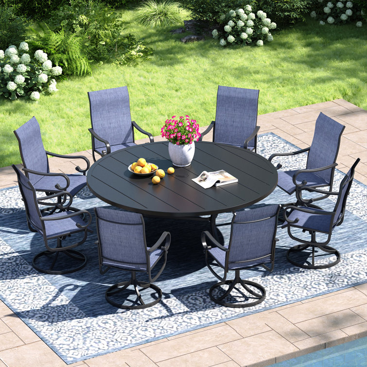 9 Pieces Patio dining set with 60" Round Dining Table and 8 Textilene Swivel Chairs