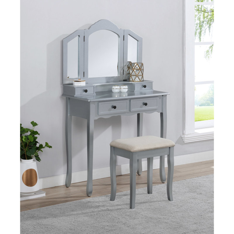 Table de coiffeuse et tabouret en bois en argent - Fabriqué à la main avec des détails en bois et beaucoup d'espace, Gris