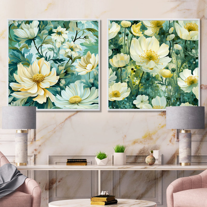 Dany - Ensemble de 2 décorations murales florales, Cadre blanc, H 16 po x l 33 po x P 1 po