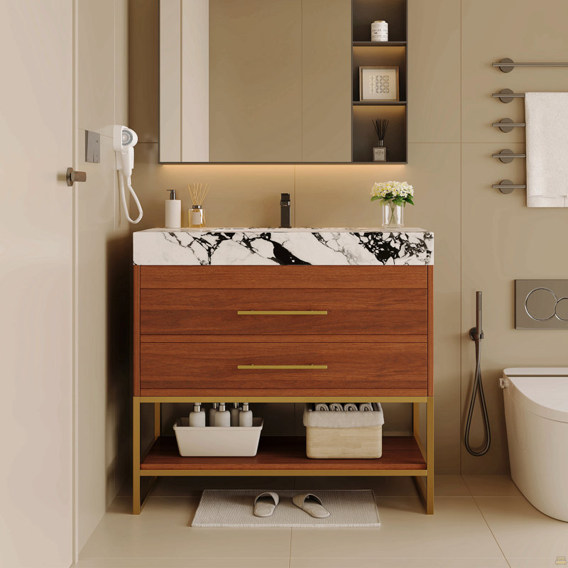 Ensemble de meuble-lavabo autoportant 29,9 po avec lavabo encastré en céramique et tablette inférieure pour petites salles de bain, appartement