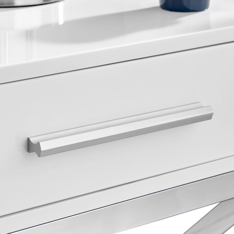 Romriell Gloss and Chrome Metal Bedside Table 1 Drawer Modern Minimalist Design