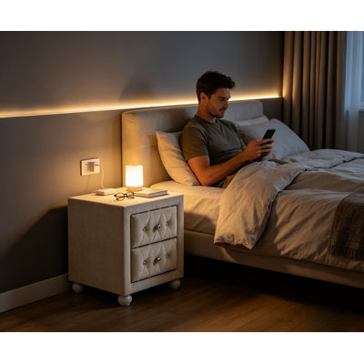 Table de chevet capitonnée en velours crème à 2 tiroirs, table de bout capitonnée en cristal avec pieds ronds pour chambre à coucher