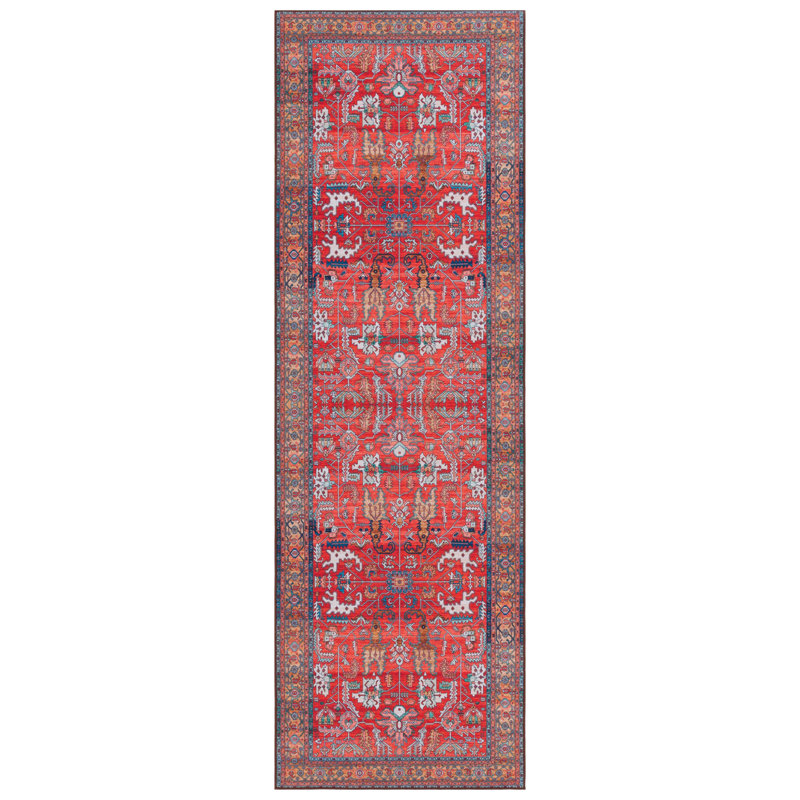 Tucson Vintage Look Machine Washable Non-Slip Area Rug in Red Multi, Runner 76cm x 244cm