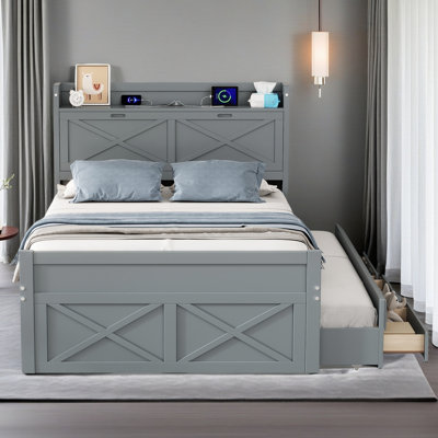Lit en bois avec tête de lit avec prises de courant, lit extensible avec lit gigogne simple avec trois tiroirs de rangement
