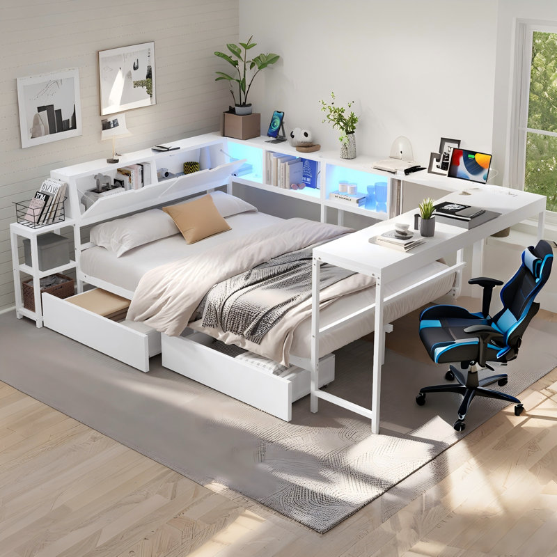 Cadre de lit d'angle avec bibliothèque et 2 tiroirs de rangement sous le lit, lit de jour réversible moderne avec lumière DEL et station de charge