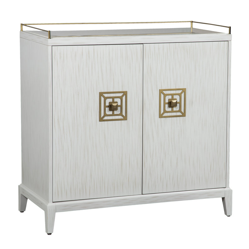 Pearl White and Gold Metal Bar Cabinet with Carrara Marble Top