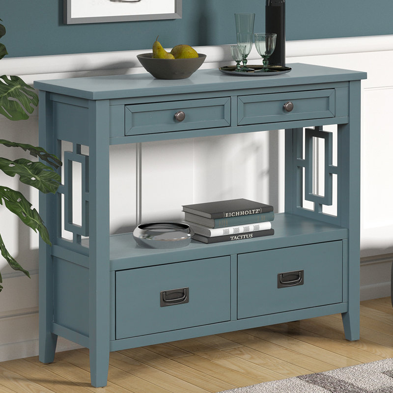Console Farmhouse, table d'entrée avec 4 tiroirs et 1 tablette de rangement, table d'entrée, Bleu
