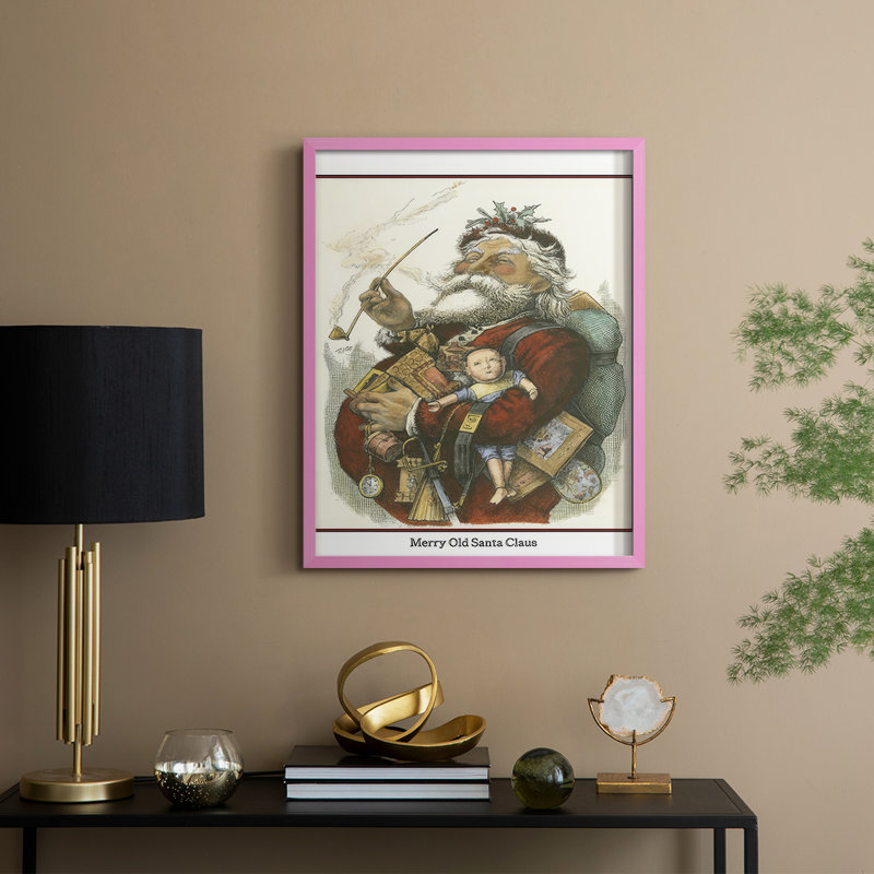 Merry Santa Framed Print - Solid Wood, Pink