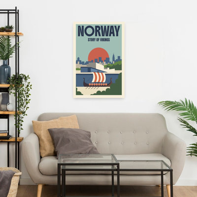 Norway Viking Ship Cityscape Modern Retro Abstract Architecture City Wall Art Print 1 Piece Wrapped Canvas Wall Art