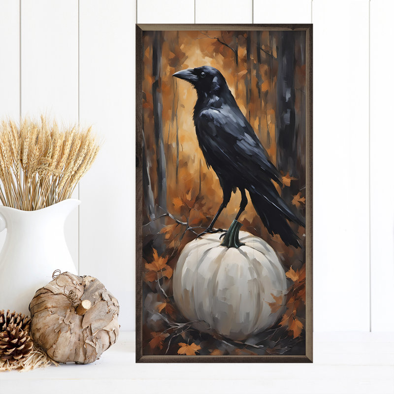 «Crow On White Pumpkin» sur bois, H 16 po x l 8 po