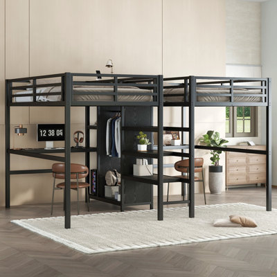 Twin Over Twin Metal Loft Bed With Double Desk And Wardrobe And Shelves With Electrical Outlet