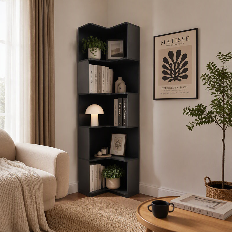 Étagère d'angle avec bibliothèque à 5 niveaux avec chicane, Noir