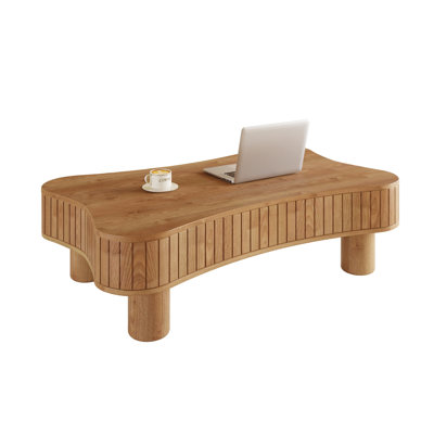Table basse à plateau relevable de 42 po avec rangement dissimulé à panneau cannelé, relevage hydraulique silencieux, coins de sécurité courbés - assemblage en 5 minutes (brun clair)
