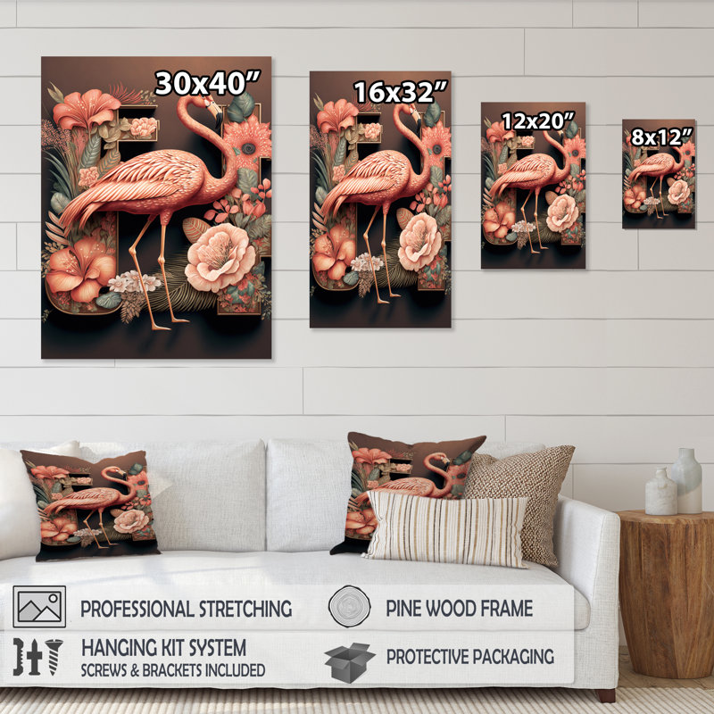 «Flamant rose avec fleurs roses» - reproduction sur toile, H 20 po x l 12 po x P 1 po, Toile tendue