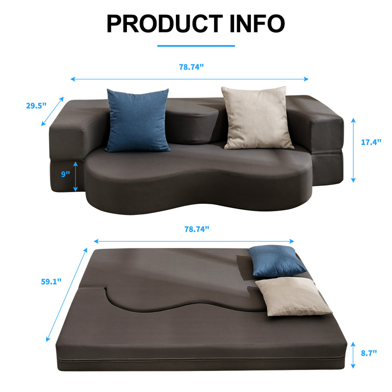Queen Faux Leather Folding Sofa Bed with Memory Foam, Dark Gray