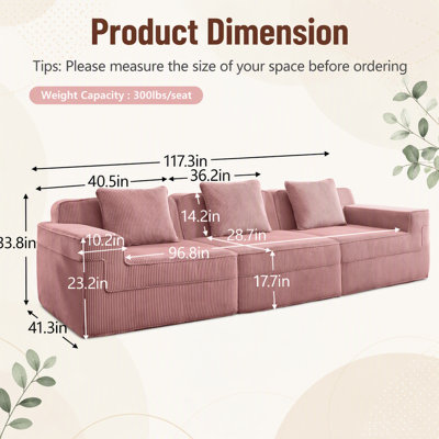 Modular 3 Seat Boneless Sofa, Cloud Sectional Couch with Deep Seat, Modern Design and Throw Pillows for Ultimate Comfort and Relaxation