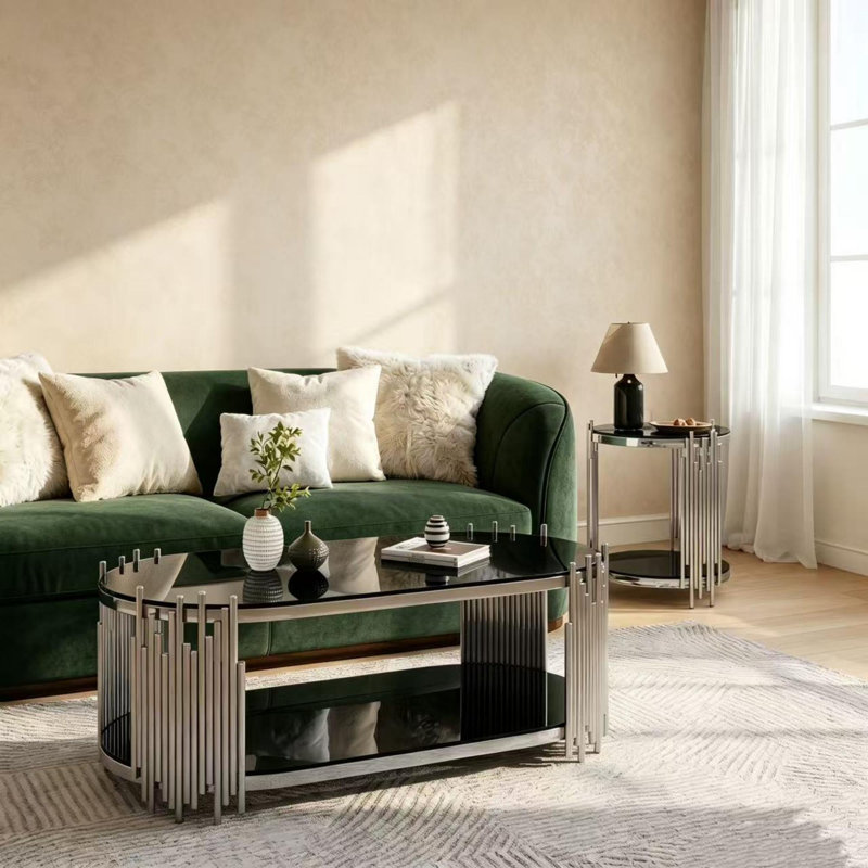 Ensemble de 2 tables basses et tables de bout gigognes, tables d'appoint ovales en verre trempé de luxe moderne avec structure en métal à tige verticale, finition chrome poli pour le bureau du salon