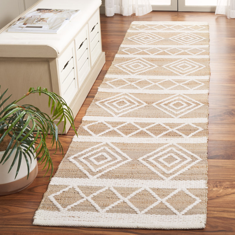 Juanell Natural Fiber Hand Woven Jute/Wool/Cotton Geometric Rug in Natural/Ivory, Runner 2'3" x 9'