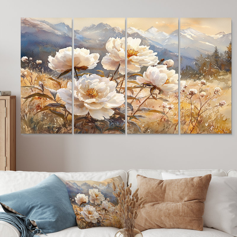 Art mural - pivoines, art mural traditionnel, H 32 po x l 64 po, 4