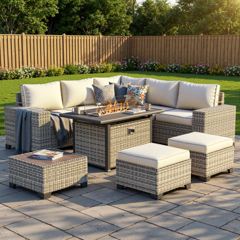 9-Piece Outdoor Modular Patio Conversation Set With Fire Pit Table, Sectional Sofa & Ottomans, Beige