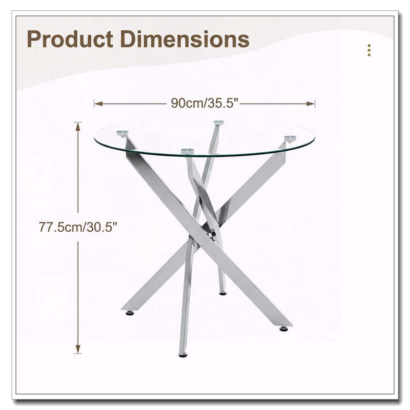 35.5 Inch Round Tempered Glass Dining Table with Silver Legs