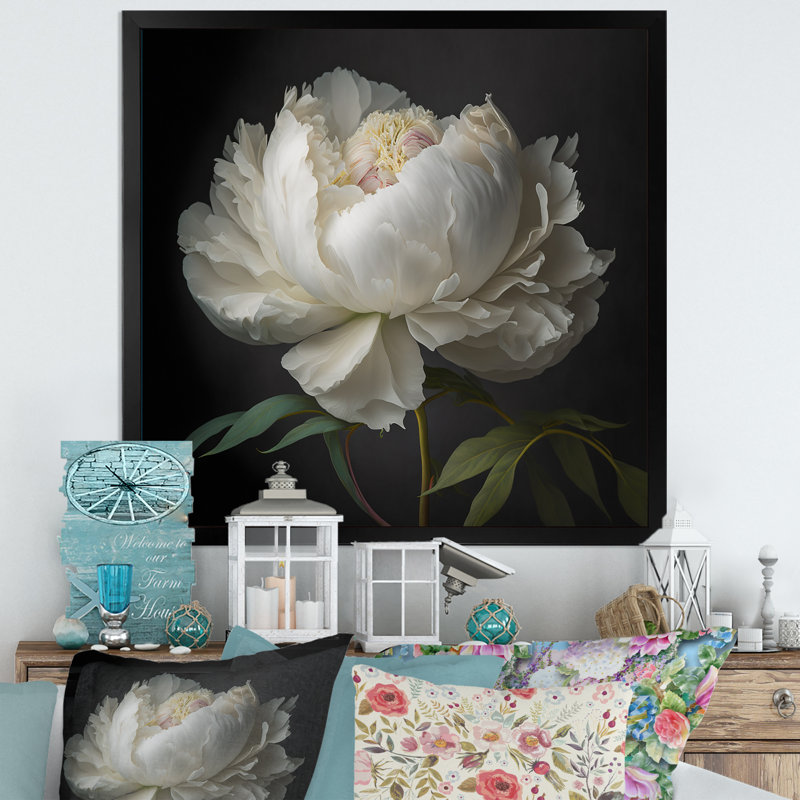 Blooming White Peony VI - Art mural pivoine, H 16 po x l 16 po, Impression encadrée, Noir