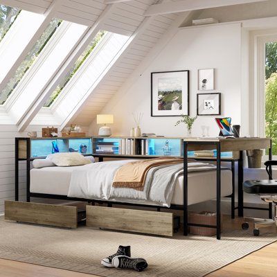 U-shaped Twin Size Metal Corner Bed Frame With Bookcase And 2 Underbed Storage Drawers, Modern Bed With Led Light And Charging Station, Platform Daybed For Kids & Teens, Left And Right Interchangeable,grey