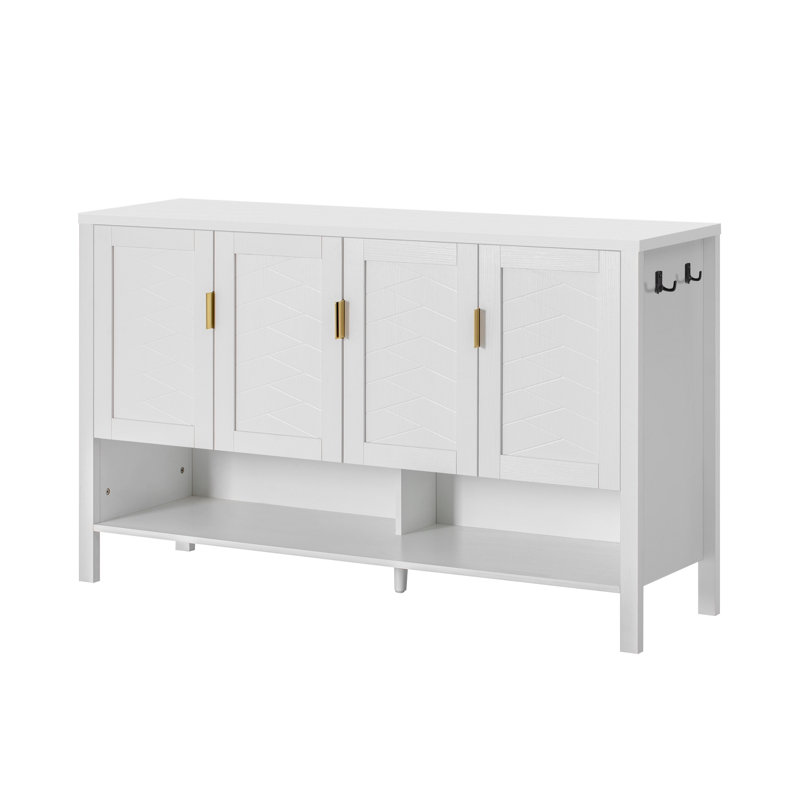 U_STYLE Buffet de rangement blanc de 55,1 po avec 4 portes, tablettes réglables et tablette ouverte - Buffet moderne pour le salon, la salle à manger, le couloir ou le bureau