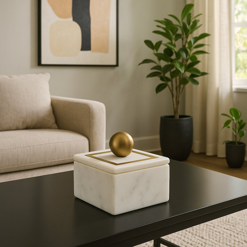Scarbrough Decorative Box Marble Stone Metal Brass Modern Storage Container with Removable Lid Contemporary Accent Box for Shelf or Tabletop Display Home Organizer Accessory Modern Design