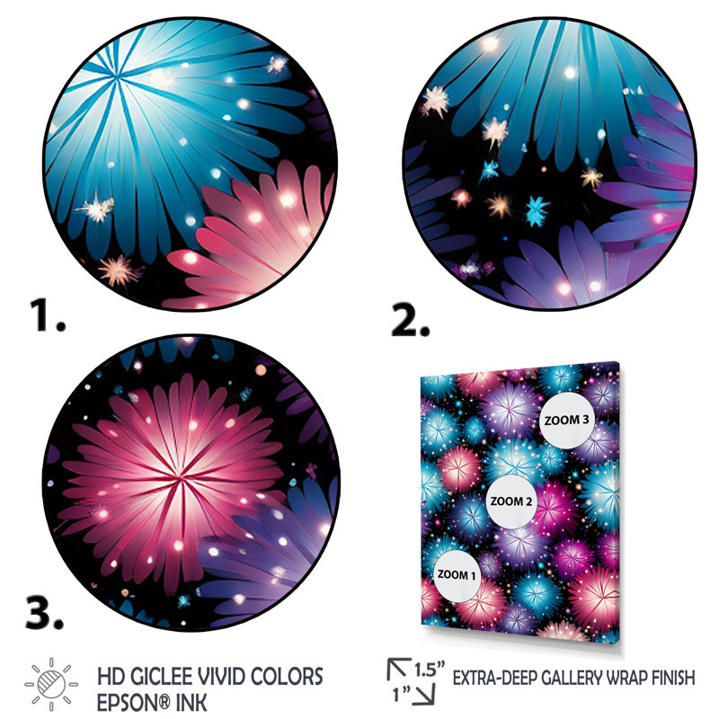 Feux d'artifice lumineux et symphonique, Cadre flottant doré, H 60 po x l 28 po x P 1,5 po