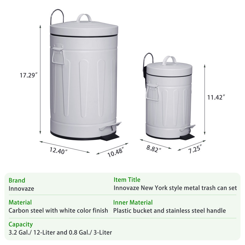 White and Black Fingerprint Resistant Metal Step-On Trash Can Set