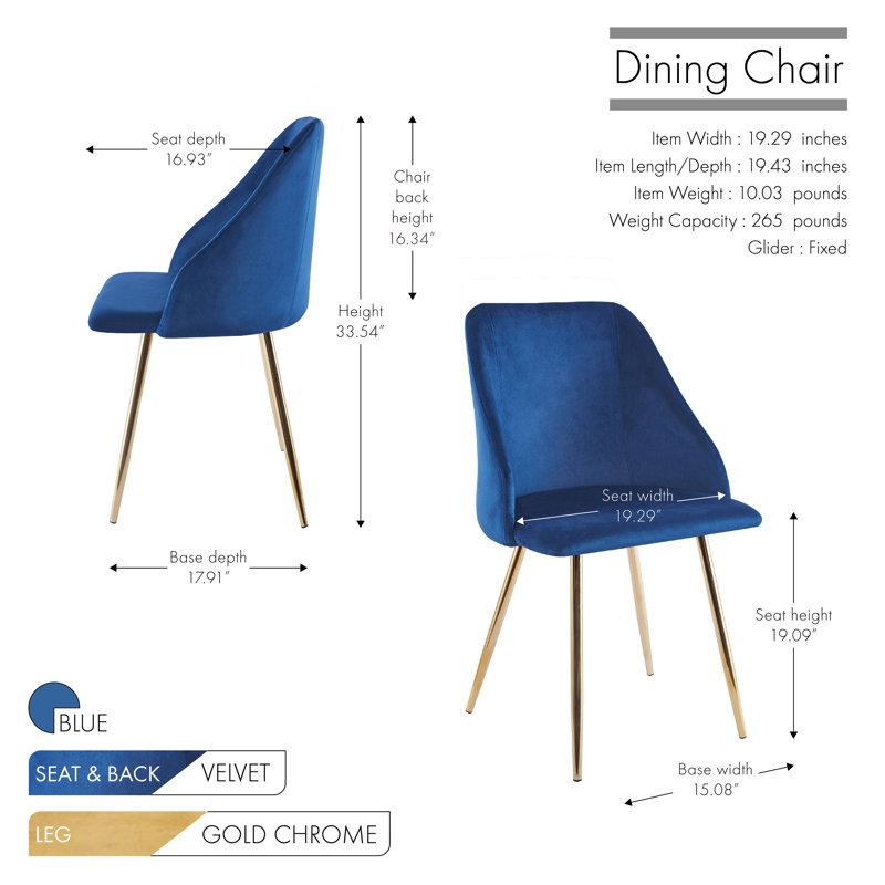 Chaise rembourrée en velours Amaia avec pieds dorés, Bleu