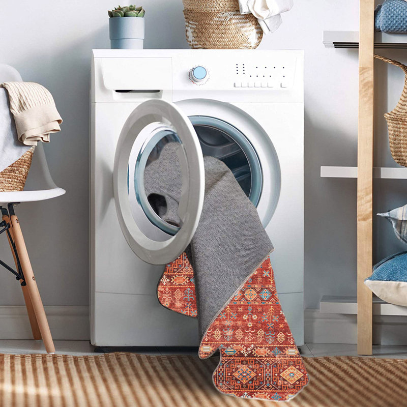 Tapis lavable tissé à la machine rouge et ivoire, Rectangle 3 pi x 5 pi