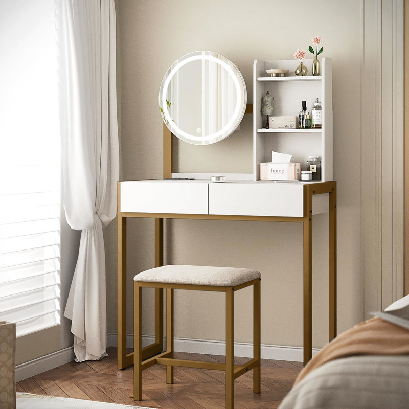 Vanity Desk For Bedroom With 3 Lighting Modes, Built - In Power, Drawer, Open Shelves And Padded Stool, White Gold Makeup Table Led Mirror, Adjustable Lighting, Power Outlet,