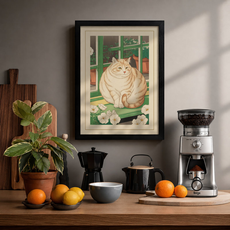 Cat by the Window Japandi - Framed Print, A3 - 42.0 x 29.7 cm, Black