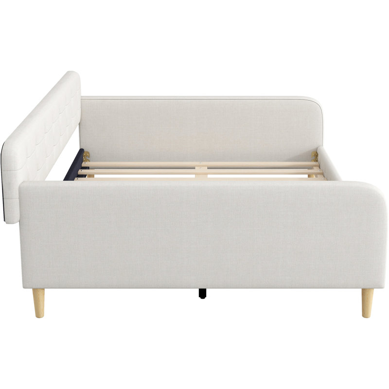 Grand lit de jour rembourré beige, 4 pieds de soutien, revêtement en lin et, sans sommier tapissier, en lin, fonctionnel pour la nuit, requis