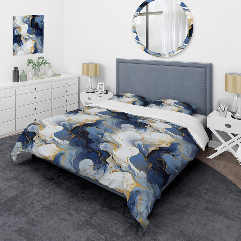 Marble Duvet Cover Set, Gold Blue Marble Pattern Bedding - Celestial Gold And Blue Marble Pattern III