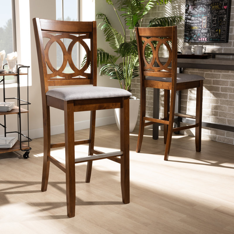 Upholstered Counter Stool with Solid Wood Frame, Gray, Walnut Brown