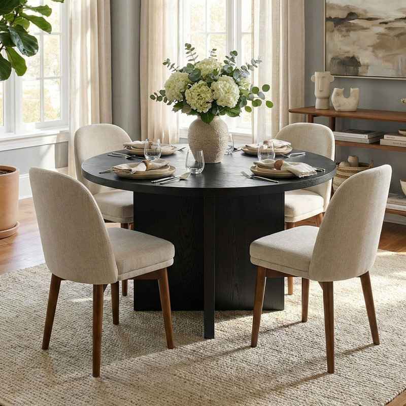 5-Piece Modern Black Round Dining Set, Beige