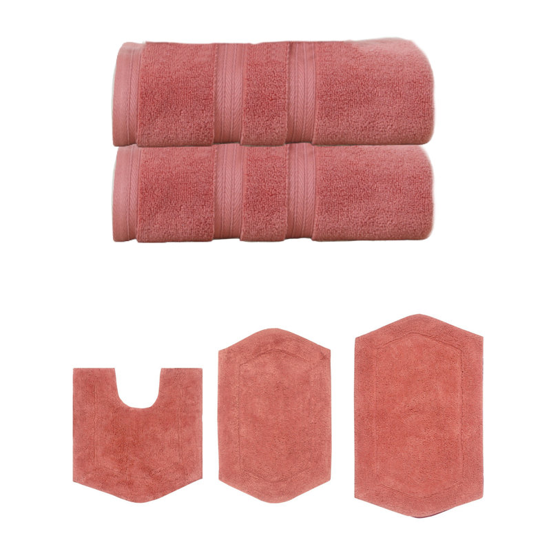 Bryd Collection 100% Soft Cotton 2 Pc Bath Towel Set & 3 Pc Bath Rug Set, (Set of 5), Coral