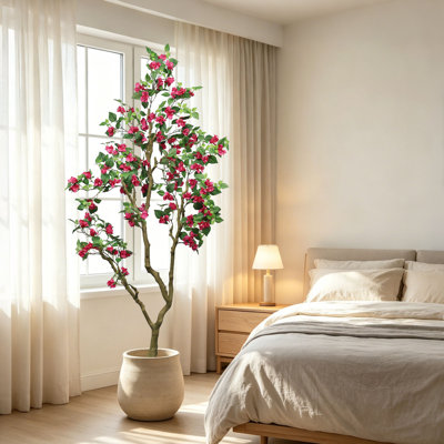 Bougainvillier artificiel de 7 pi avec fleurs en soie rose rouge et pot de fleurs blanc - plante à fleurs artificielle pour la décoration intérieure et extérieure