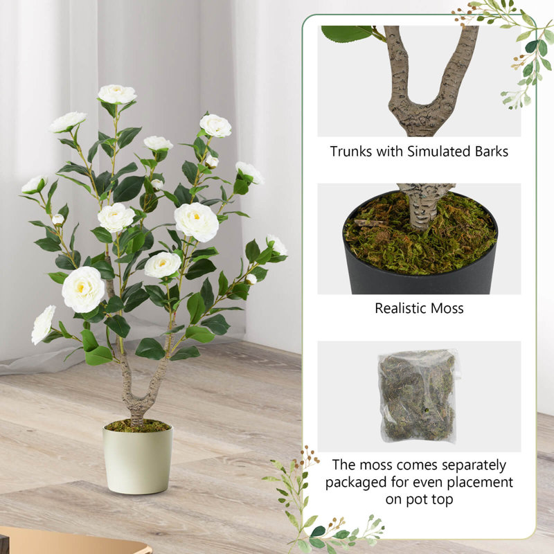 2 pièces 36 "Camellia artificiel arbre artificiel en pot plante verte moderne, Blanc / Vert