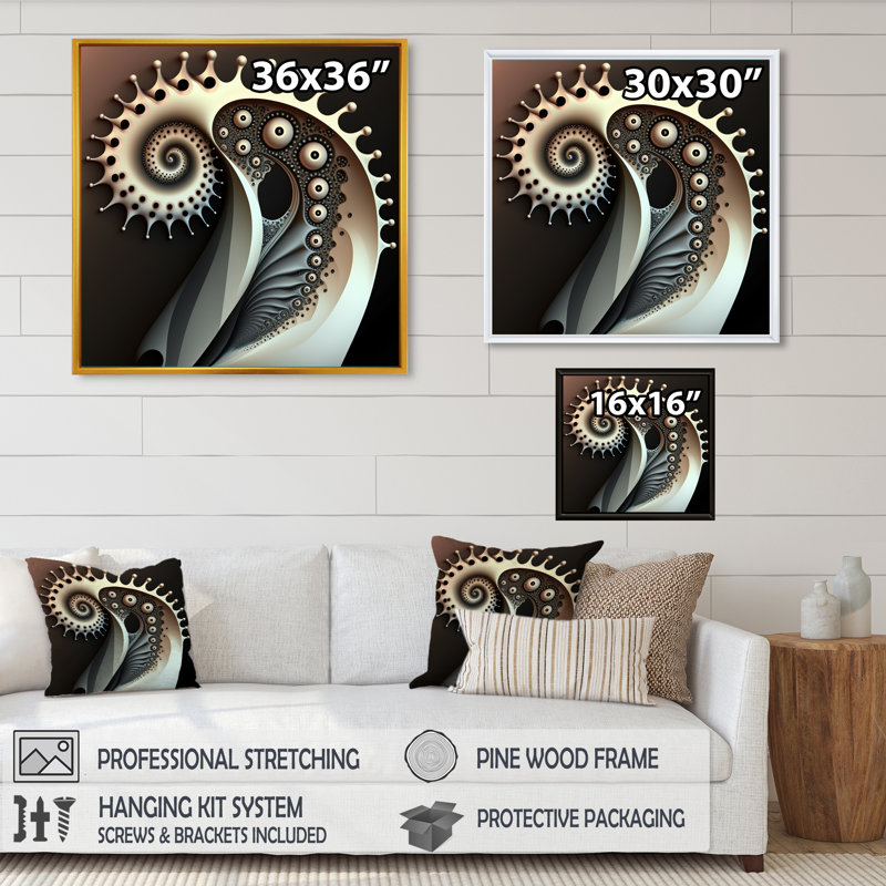 Beauté fractale monochrome III - reproduction sur toile, H 24 po x l 24 po x P 1 po, Toile avec cadre flottant or