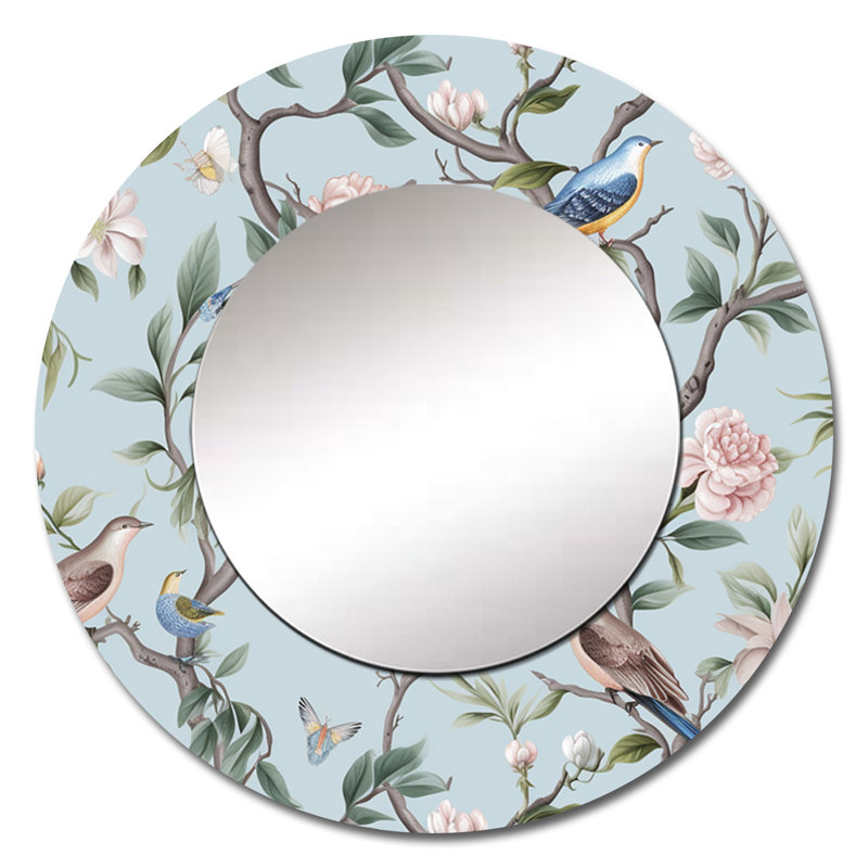 Minimalism Bird On Flowers VII - Bird Mirror, Modern Round Unique Wall Mirror, Printed Metal Art, 23" x 23"
