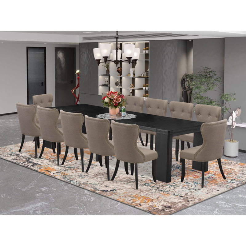 Ensemble de salle à manger 14 pièces, table de salle à manger rectangulaire avec table basse et 12 chaises de cuisine en tissu de lin, noir brossé