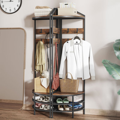 Industrial Corner Hall Tree With 8 Movable Hooks, Shoe Storage, And 2 Shelves For Space-Saving Entryway Organization.